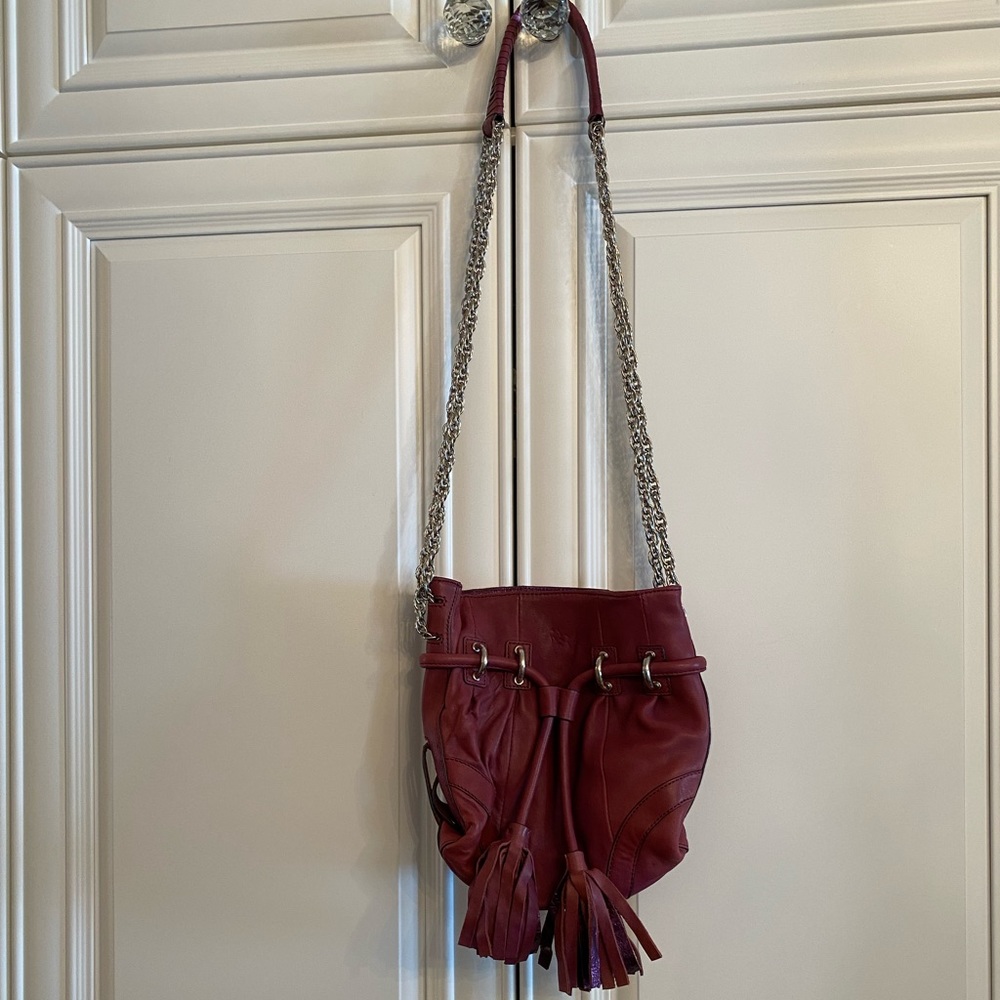 NWOT Hype Dark Purple Small Pouch Drawstring Chain Leather Crossbody Bag Purse